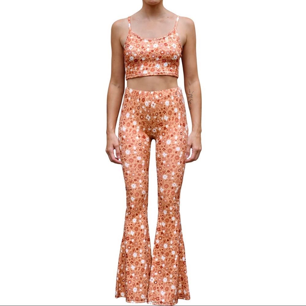 Bell bottom pants and crop cami top in gold floral